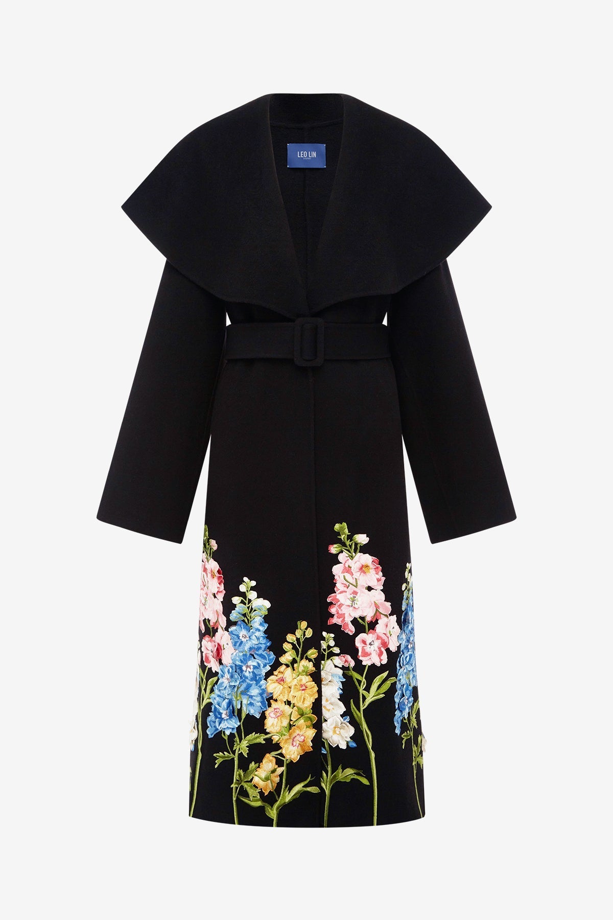 Joan Embroidered Wool Coat - Snapdragon Print in Ebony