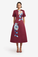 Caroline Embroidered Short Sleeve Midi Dress - Cosmos Print