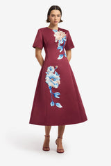 Caroline Embroidered Short Sleeve Midi Dress - Cosmos Print