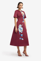 Caroline Embroidered Short Sleeve Midi Dress - Cosmos Print