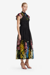 Grace Flutter Sleeve Midi Dress - Snapdragon Print in Ebony