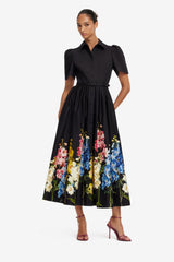Bianca Short Sleeve Midi Dress - Snapdragon Print in Ebony