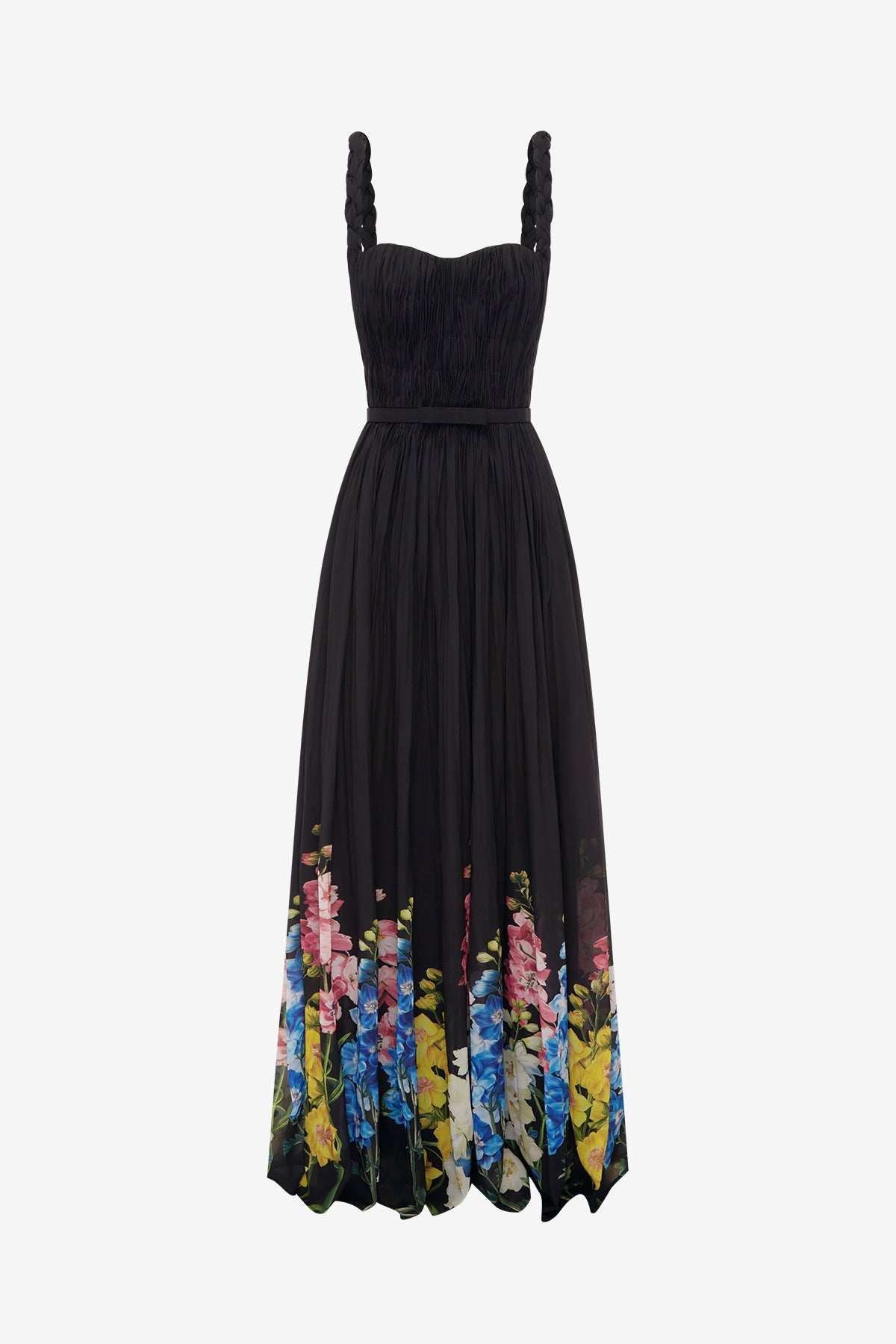 Angelina Ruffled Floor Length Dress - Snapdragon Print in Ebony