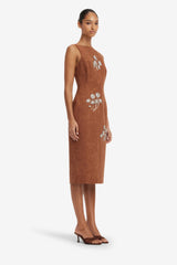 Eleanor Embellished Vegan Suede Midi Dress - Chestnut