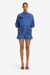 Tessa Appliqué Vegan Suede Shorts - Azure