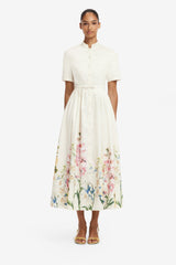 Bianca Short Sleeve Midi Dress - Snapdragon Print in Snow