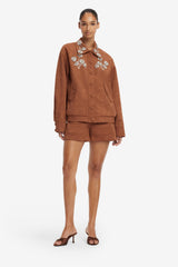 Astrid Embellished Vegan Suede Jacket - Chestnut