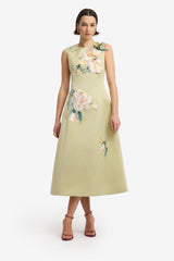 Cleo Embroidered Sleeveless Midi Dress - Pistachio Rose Print