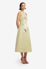 Cleo Embroidered Sleeveless Midi Dress - Pistachio Rose Print