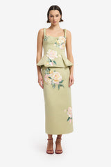 Quinn Embroidered Midi Skirt - Pistachio Rose Print