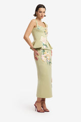 Quinn Embroidered Midi Skirt - Pistachio Rose Print