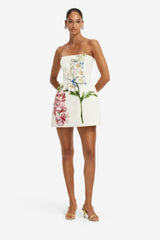 Roselle Embroidered Bustier Mini Dress - Snapdragon Print in Snow