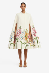 Clover Embroidered Wool Cape Jacket - Snapdragon Print in Snow
