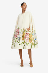 Clover Embroidered Wool Cape Jacket - Snapdragon Print in Snow