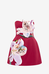 Rosario Appliqué Floral Bustier Mini Dress - Lily Print in Oxblood