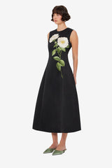 Cleo Embellished Sleeveless Midi Dress - White Rose Print
