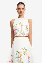 Ella Bow Backless Top - Lemon Vine Print in Snow