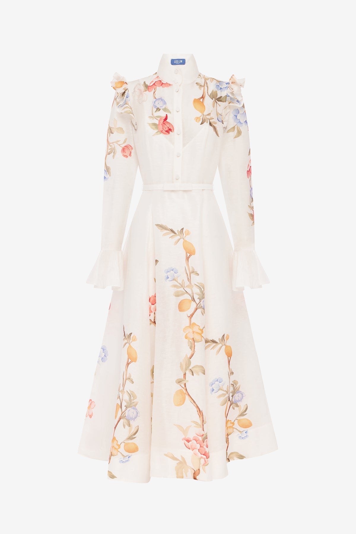 Selina Butterfly Sleeve Midi Dress - Lemon Vine Print in Snow