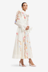 Selina Butterfly Sleeve Midi Dress - Lemon Vine Print in Snow