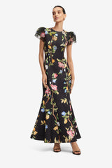 Sofia Embellished Puff Sleeve Maxi Dress - Lemon Vine Print in Ebony
