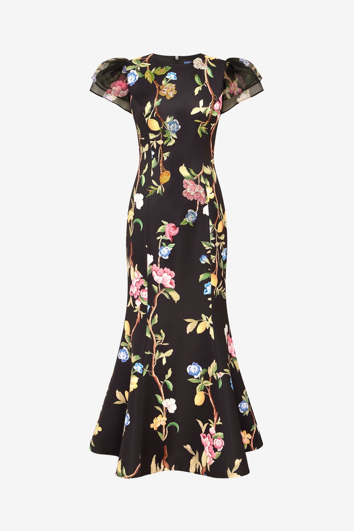 Sofia Embellished Puff Sleeve Maxi Dress - Lemon Vine Print in Ebony