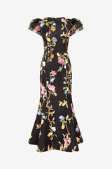 Sofia Embellished Puff Sleeve Maxi Dress - Lemon Vine Print in Ebony