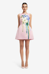 Ali Embroidered Boat Neck Mini Dress - Bouquet Print in Pastel Pink
