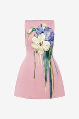 Ali Embroidered Boat Neck Mini Dress - Bouquet Print in Pastel Pink