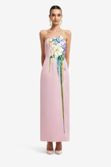 Rayna Embroidered Bustier Maxi Dress - Bouquet Print in Pastel Pink