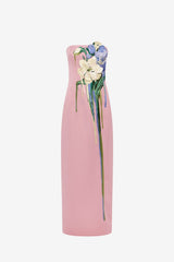 Rayna Embroidered Bustier Maxi Dress - Bouquet Print in Pastel Pink