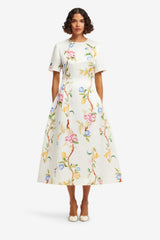 Caroline Short Sleeve Midi Dress - Lemon Vine Print in Snow