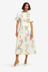 Caroline Short Sleeve Midi Dress - Lemon Vine Print in Snow