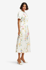 Caroline Short Sleeve Midi Dress - Lemon Vine Print in Snow