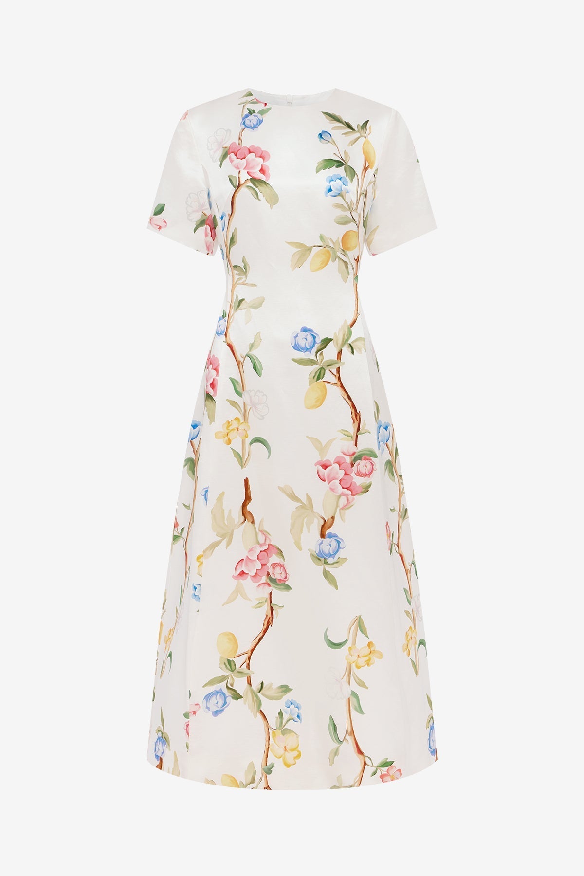 Caroline Short Sleeve Midi Dress - Lemon Vine Print in Snow
