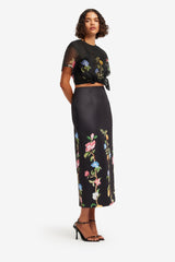 Quinn Midi Skirt - Lemon Vine Print in Ebony
