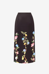 Quinn Midi Skirt - Lemon Vine Print in Ebony