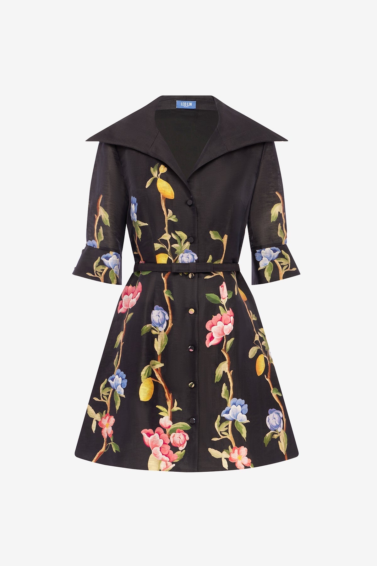 Genevieve Sleeve Mini Dress - Lemon Vine Print in Ebony