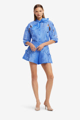 Brooklyn Appliqué Bow Puff Sleeve Top - Azure