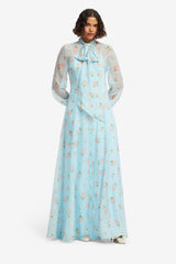 Lilith Tie Neck Maxi Dress - Ditsy Floral Print in Blue