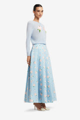 June Pleated Maxi Skirt - Ditsy Floral Print in Blue