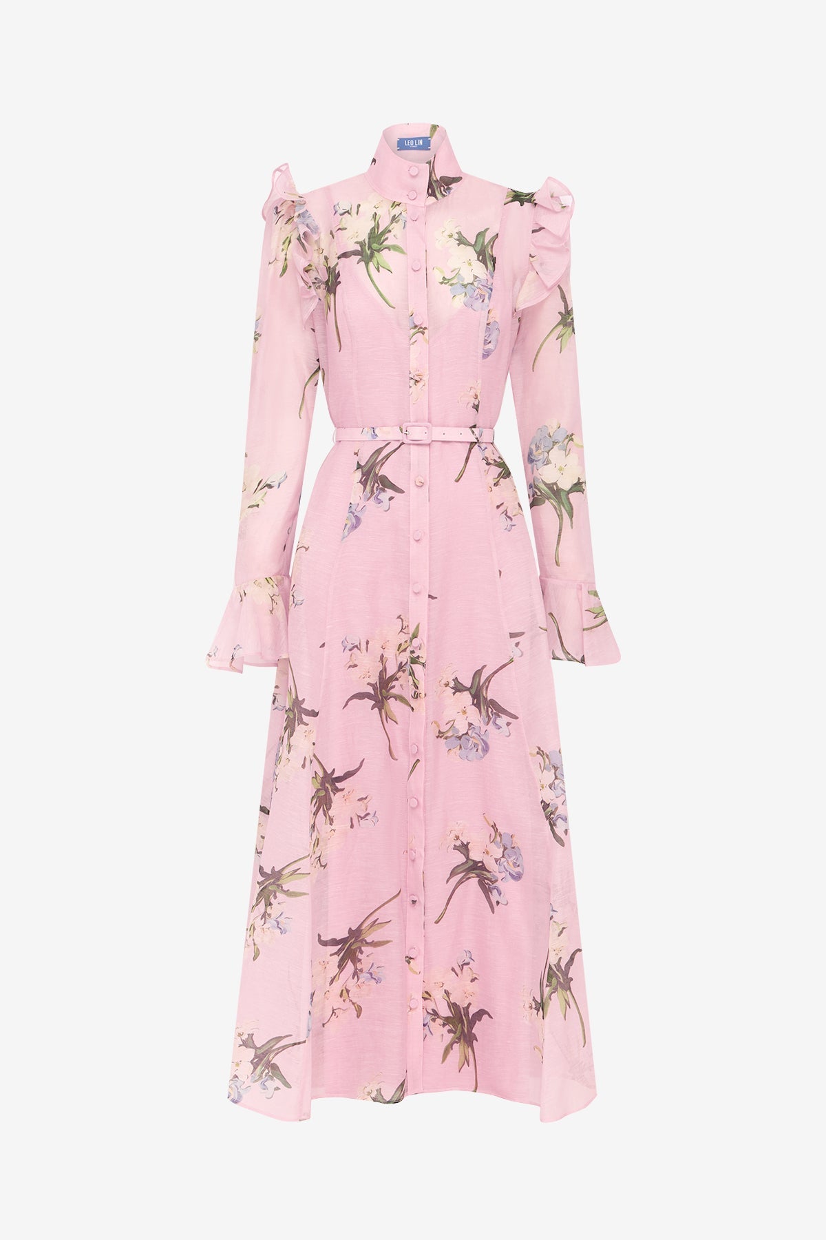 Katrina Butterfly Sleeve Midi Dress - Bouquet Print in Pastel Pink