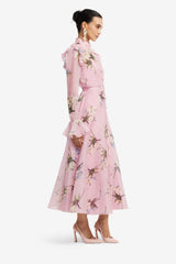 Katrina Butterfly Sleeve Midi Dress - Bouquet Print in Pastel Pink