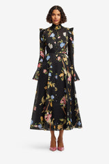 Katrina Butterfly Sleeve Midi Dress - Lemon Vine Print in Ebony