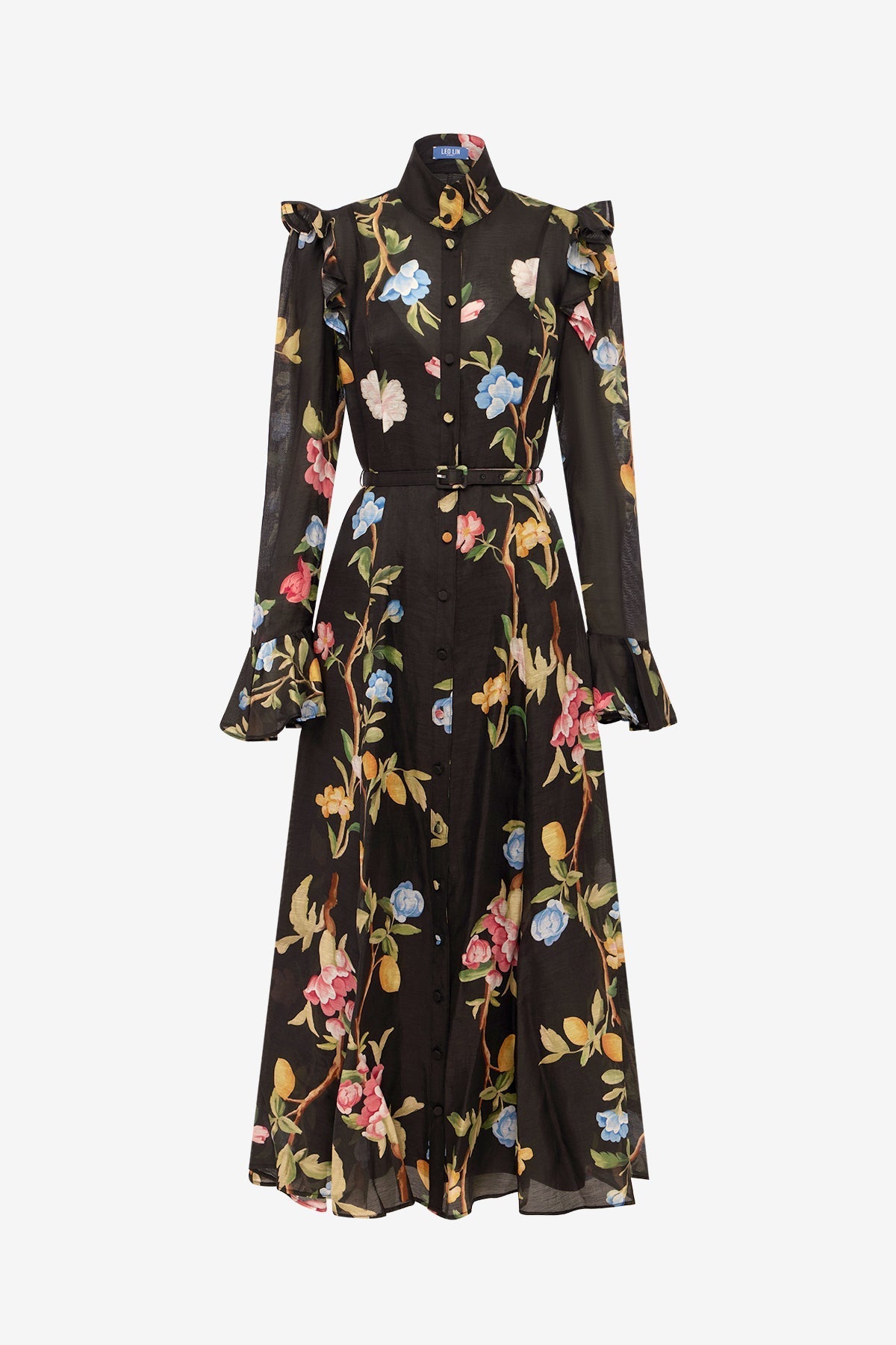 Katrina Butterfly Sleeve Midi Dress - Lemon Vine Print in Ebony