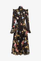 Katrina Butterfly Sleeve Midi Dress - Lemon Vine Print in Ebony