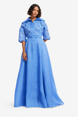 Junia Appliqué Puff Sleeve Silk Gown - Azure