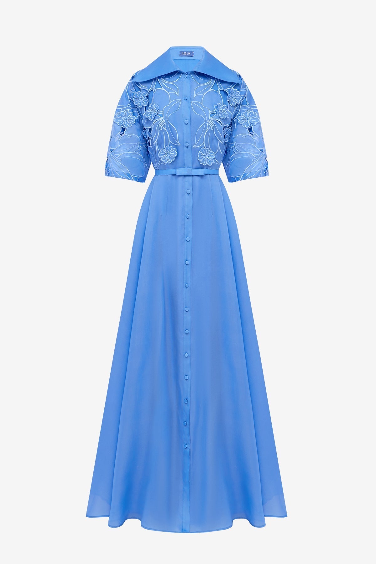 Junia Appliqué Puff Sleeve Silk Gown - Azure