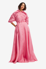 Junia Appliqué Puff Sleeve Silk Gown - Fuchsia