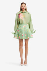Melody Pleated Mini Skirt - Tulip Print in Green