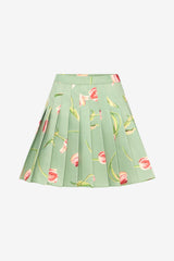 Melody Pleated Mini Skirt - Tulip Print in Green